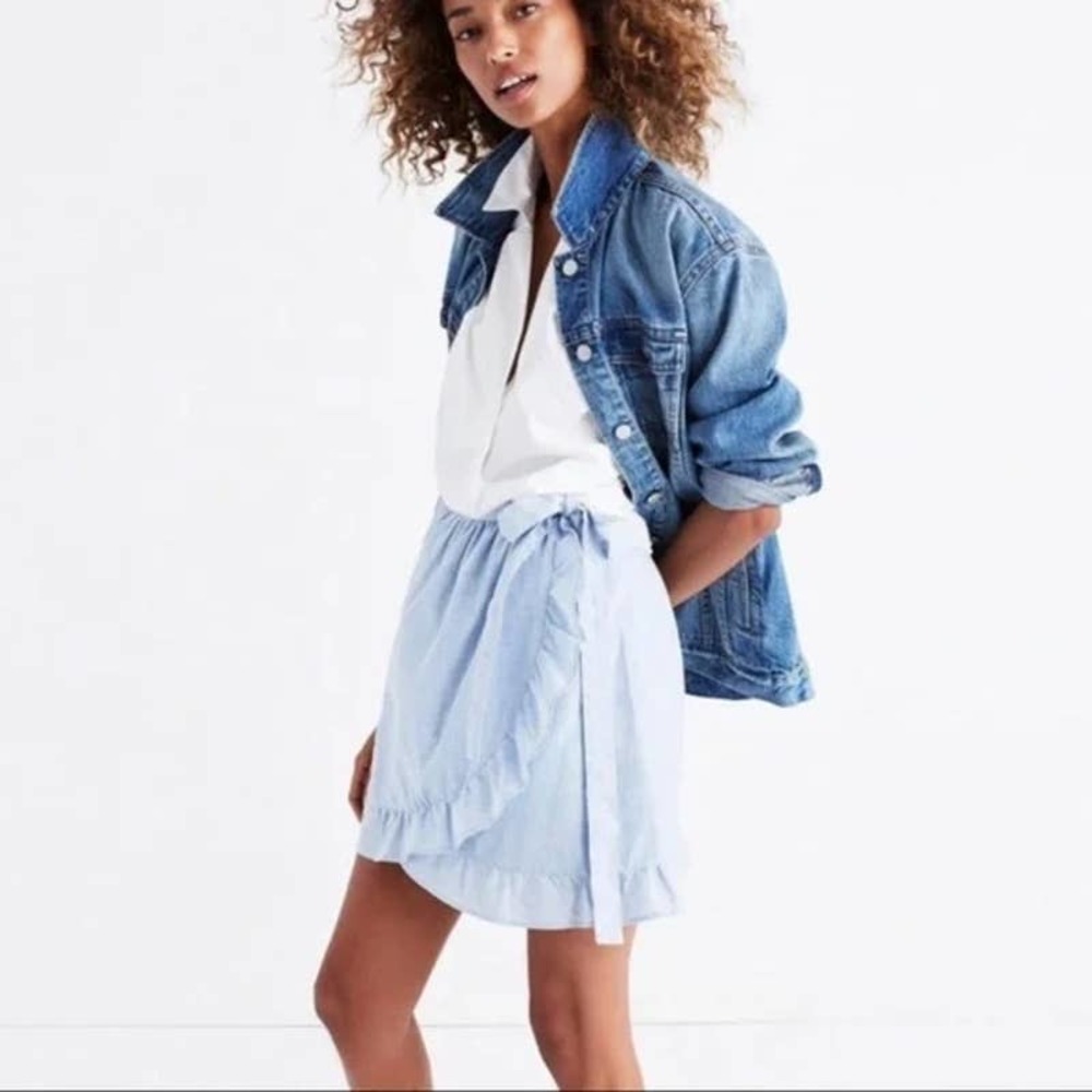 Madewell Meadow Ruffle Wrap Mini Skirt, Blue Chambray, Sz 4